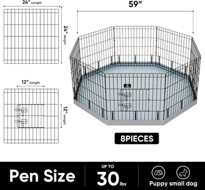 PJYuCien Dog Playpen, 8 Panels 24’’H Dog Pens Indoor with Bottom Pad, Metal Foldable Pet Puppy