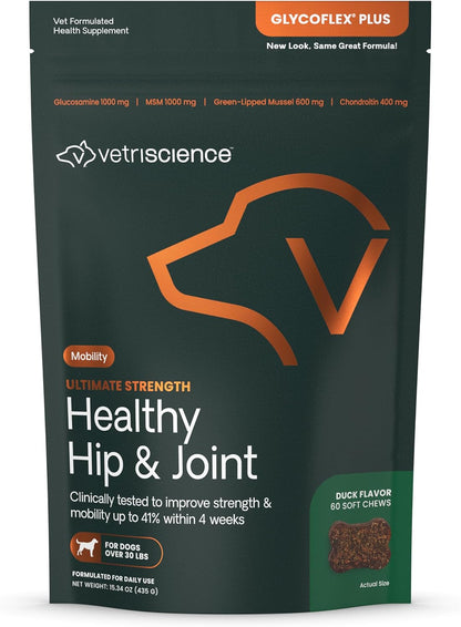 VetriScience Ultimate Strength Healthy Hip & Joint Chews, GlycoFlex Glucosamine, Chondroitin and
