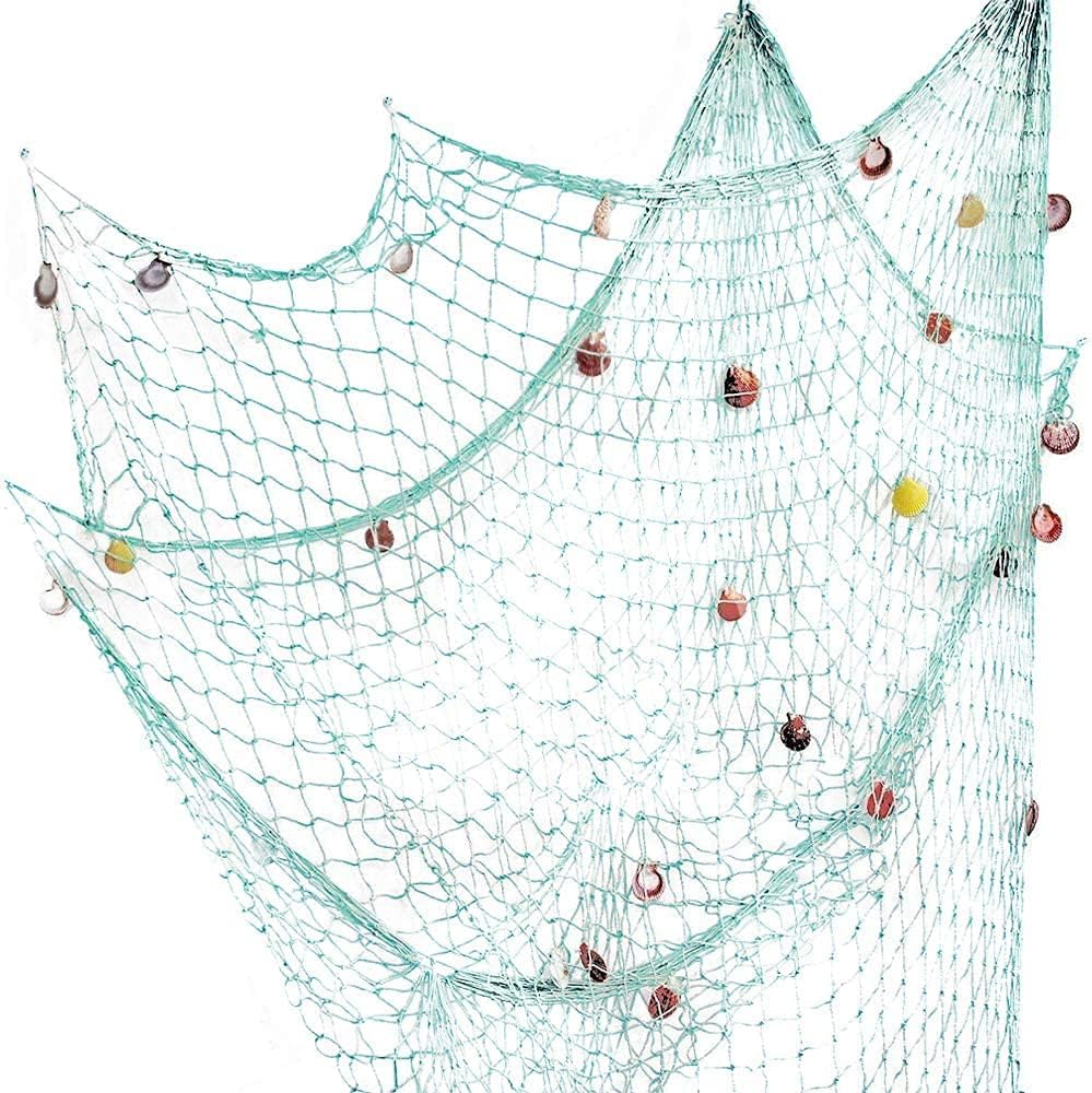 Nature Fish Net Wall Decoration with Shells, Ocean Themed Wall Hangings Fishing Net Party Decor for