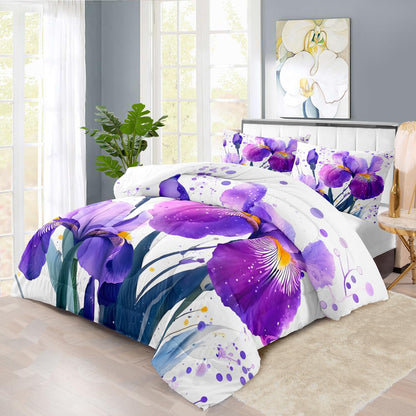 Purple Floral Comforter Set Full Size Woman,Purple Iris Comforter for Girls,Pink Flower Bedding Set