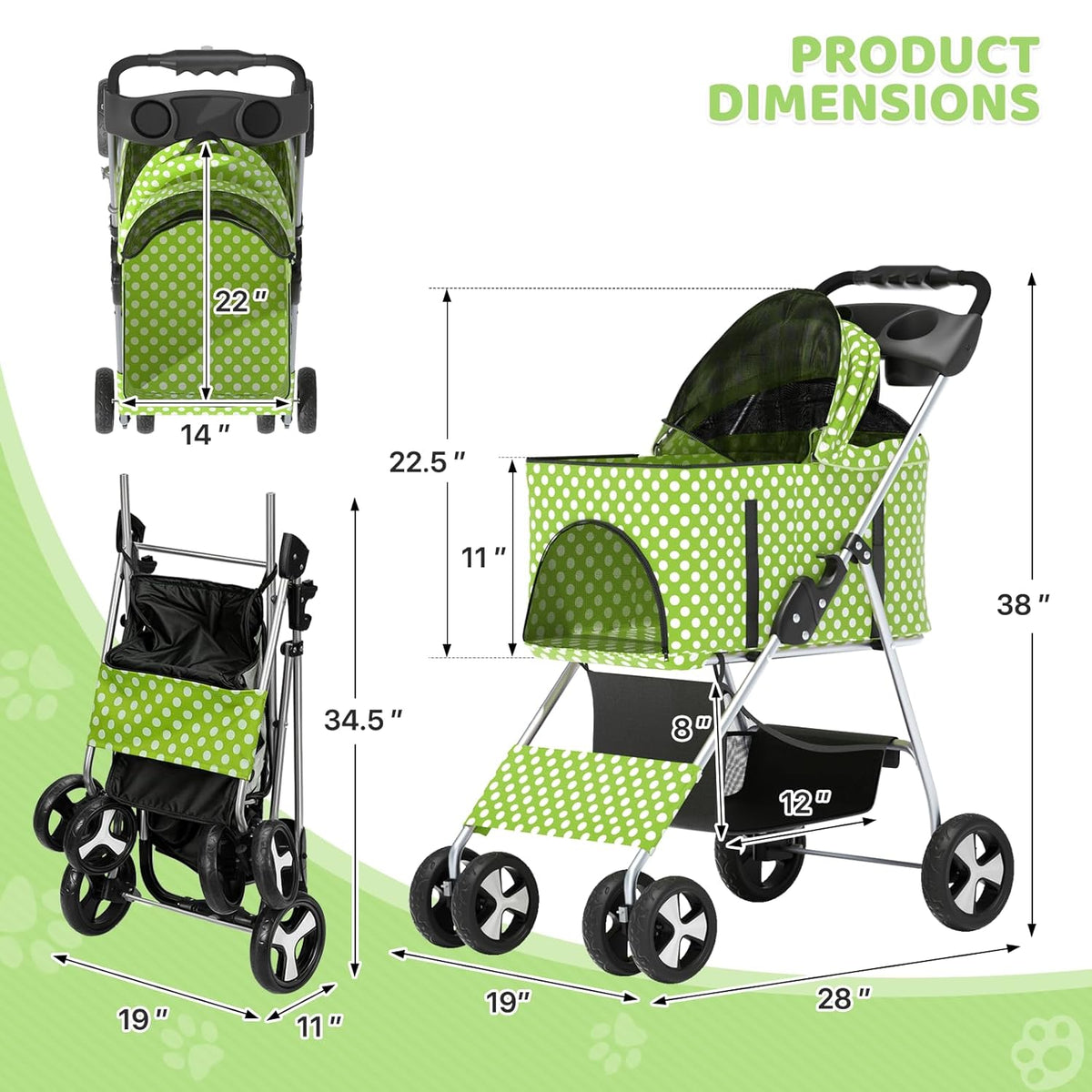 Magshion Foldable Pet Stroller, 3-in-1 Dog Travel Jogger with Detachable Carrier, Cup Holder