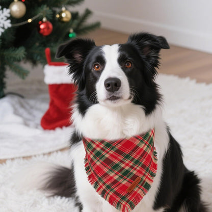ADOGGYGO Christmas Dog Bandanas with Tassels Edges, Stylish Red Plaid Xmas Scarf, Multiple Sizes