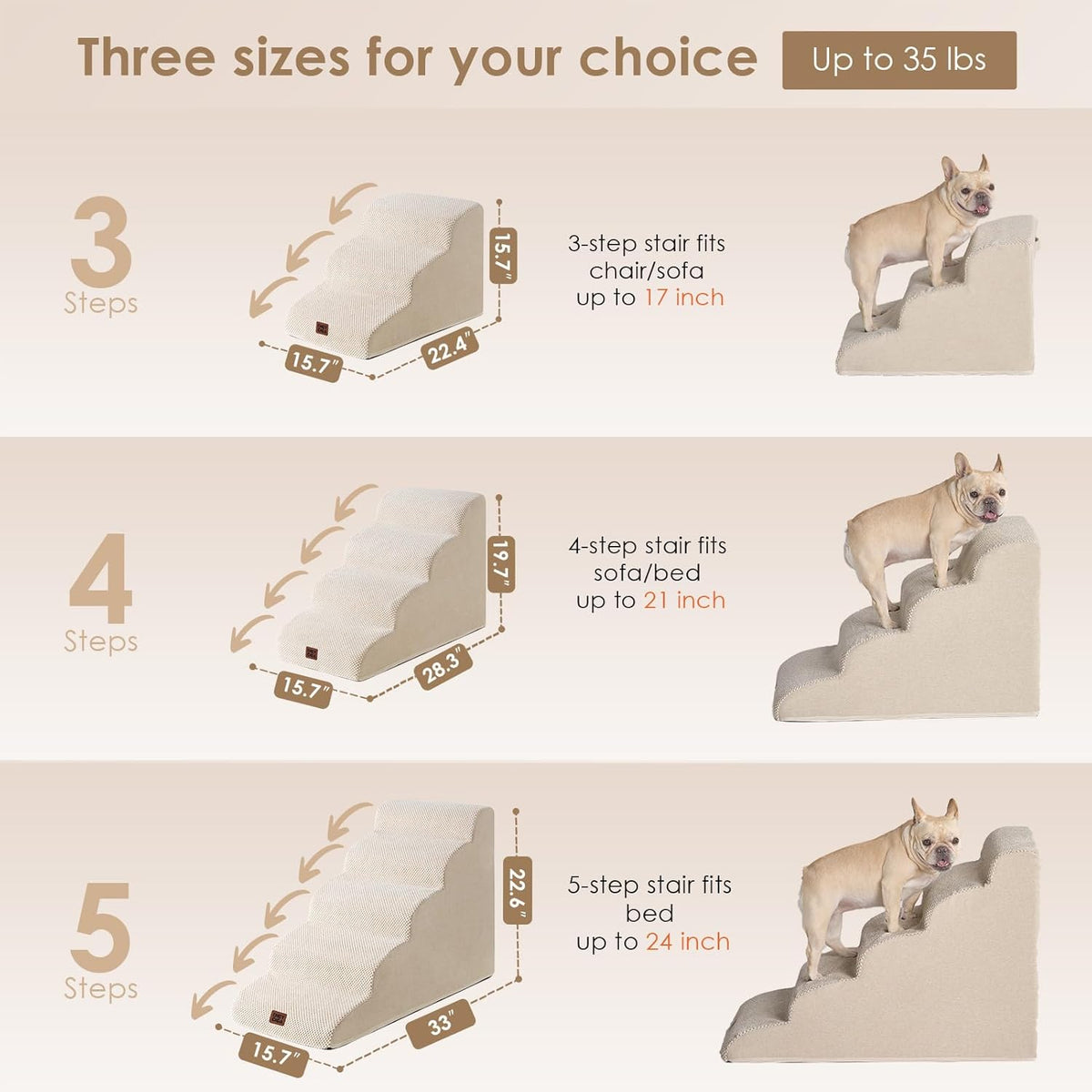 EHEYCIGA Curved Dog Stairs Ramp for Small Dogs 15.7" H, 3-Step Dog Steps for Couch Sofa and Chair