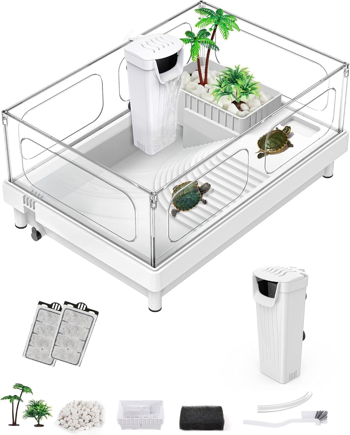 Small Turtle Tank with Filter, Turtle Aquarium, Acrylic Turtle Terrarium with Basking Platform