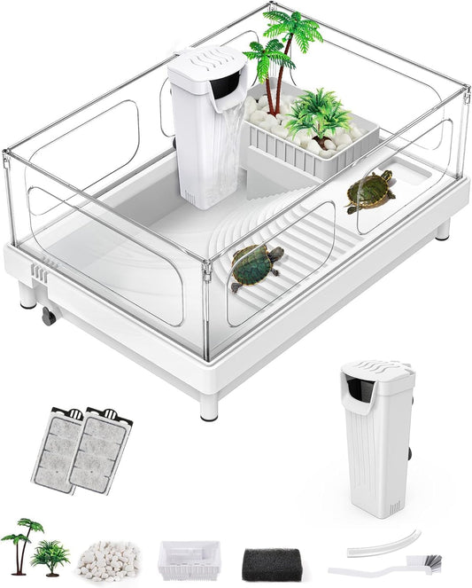Small Turtle Tank with Filter, Turtle Aquarium, Acrylic Turtle Terrarium with Basking Platform