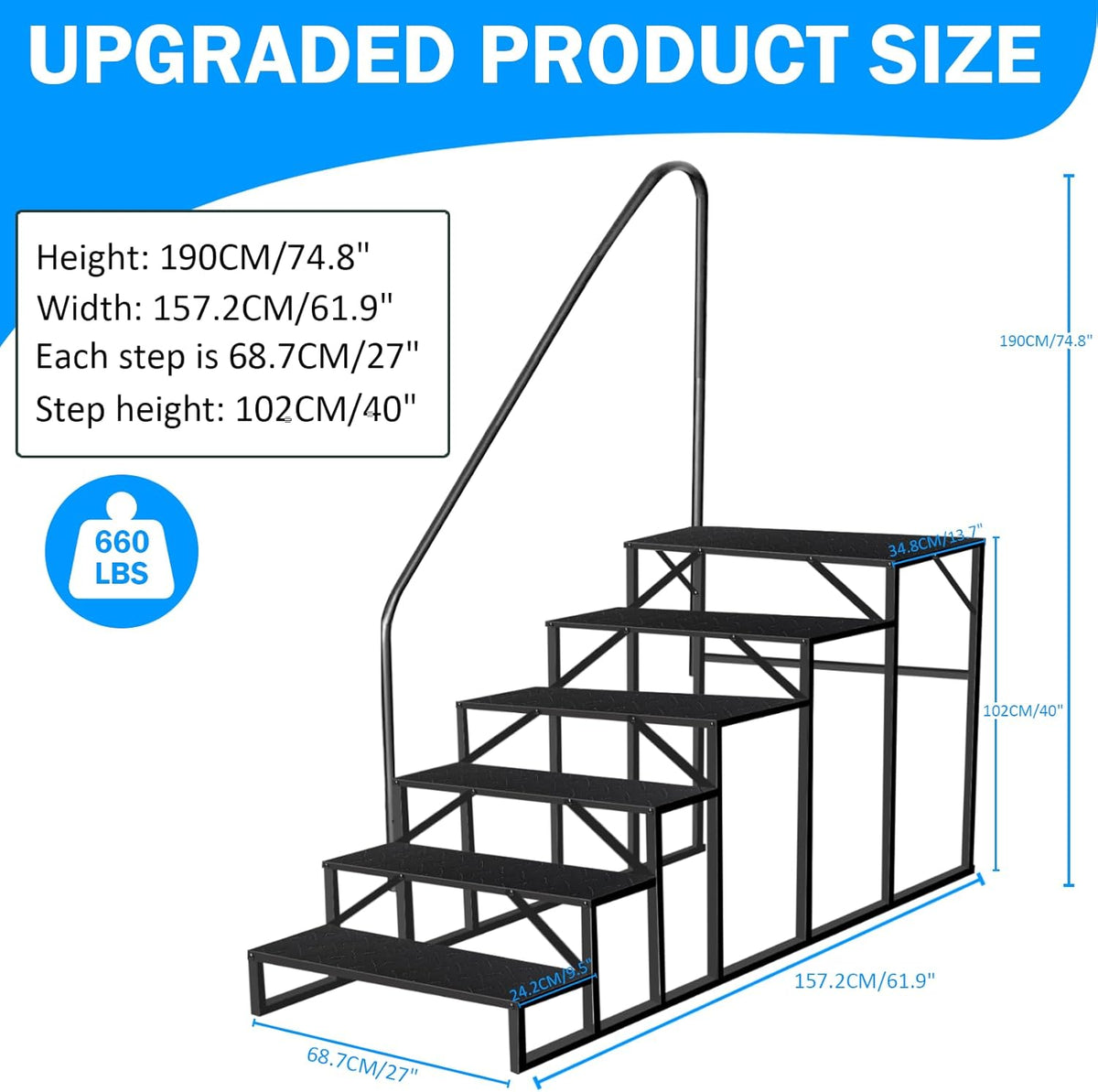 RV Stairs 6 Step Ladder, RV Steps Anti-Slip, Hot Tub Steps with Handrail, 660 lbs RV Ladder for 5th
