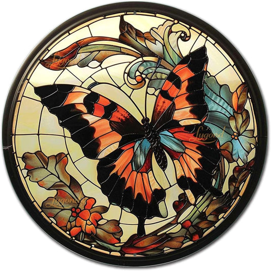 Lygond Metal Sign Tin Sign Circular Stained Glass Butterfly Bar Signs for Home Decor for Yard 12×12