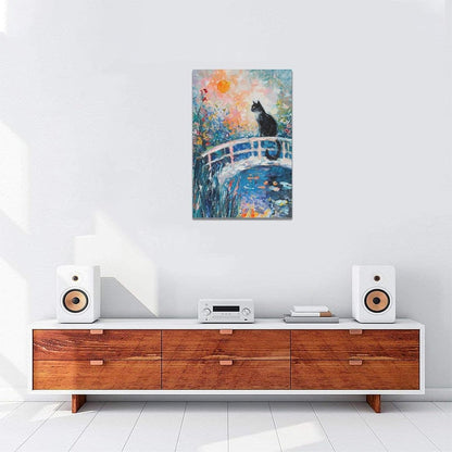 Quorin Black Cat Wall Art Water Lily Sunset Pictures Cat Wall Decor Impressionism Canvas Print