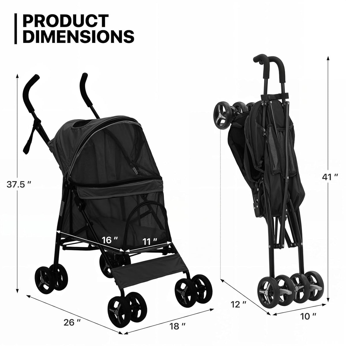 MoNiBloom 4 Wheels Pet Stroller, Easy-Fold Puppy Cage Jogger Stroller with Sun Cover, Pad and Rear