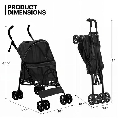 MoNiBloom 4 Wheels Pet Stroller, Easy-Fold Puppy Cage Jogger Stroller with Sun Cover, Pad and Rear