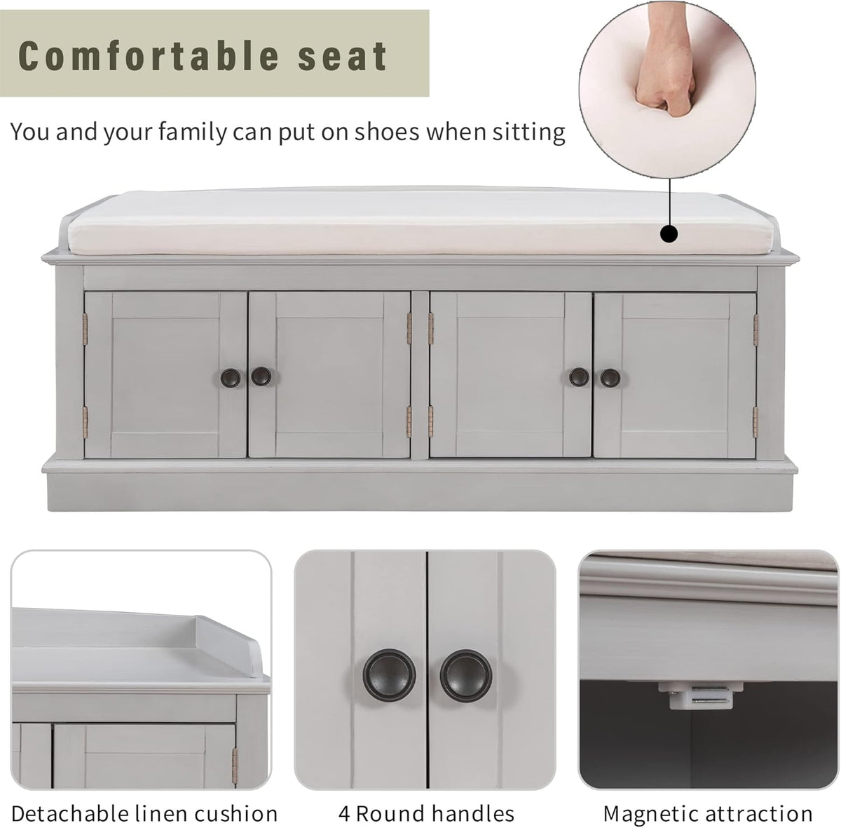 Storage Bench with 4 Doors and Adjustable Shelves, Shoe Bench with Removable Cushion for Living