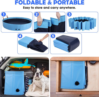 87" Large Dog Pool with Sprinkler, 2-in-1 Foldable Swimming Pool Non-Slip Hard Plastic Splash