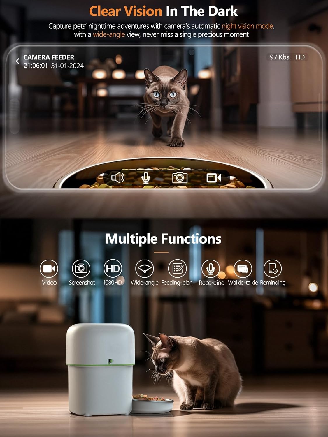 Automatic Cat Feeder with Camera - 5G WiFi Auto Cat Food Dispenser, 1080P HD Video with Night