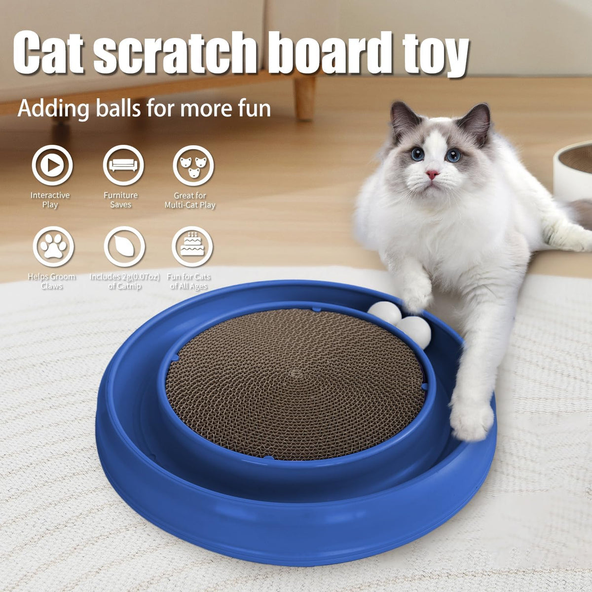 Interactive Cat Scratcher with Two Rotating Balls,Durable Scratch Pad for Indoor Play,Cardboard Cat