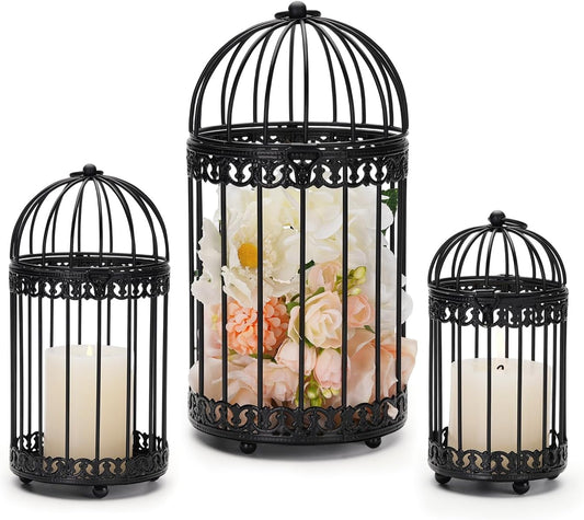 NUPTIO Decorative Bird Cages for Centerpiece: Black Vintage Bird Cage Hanging Lantern Set of 3
