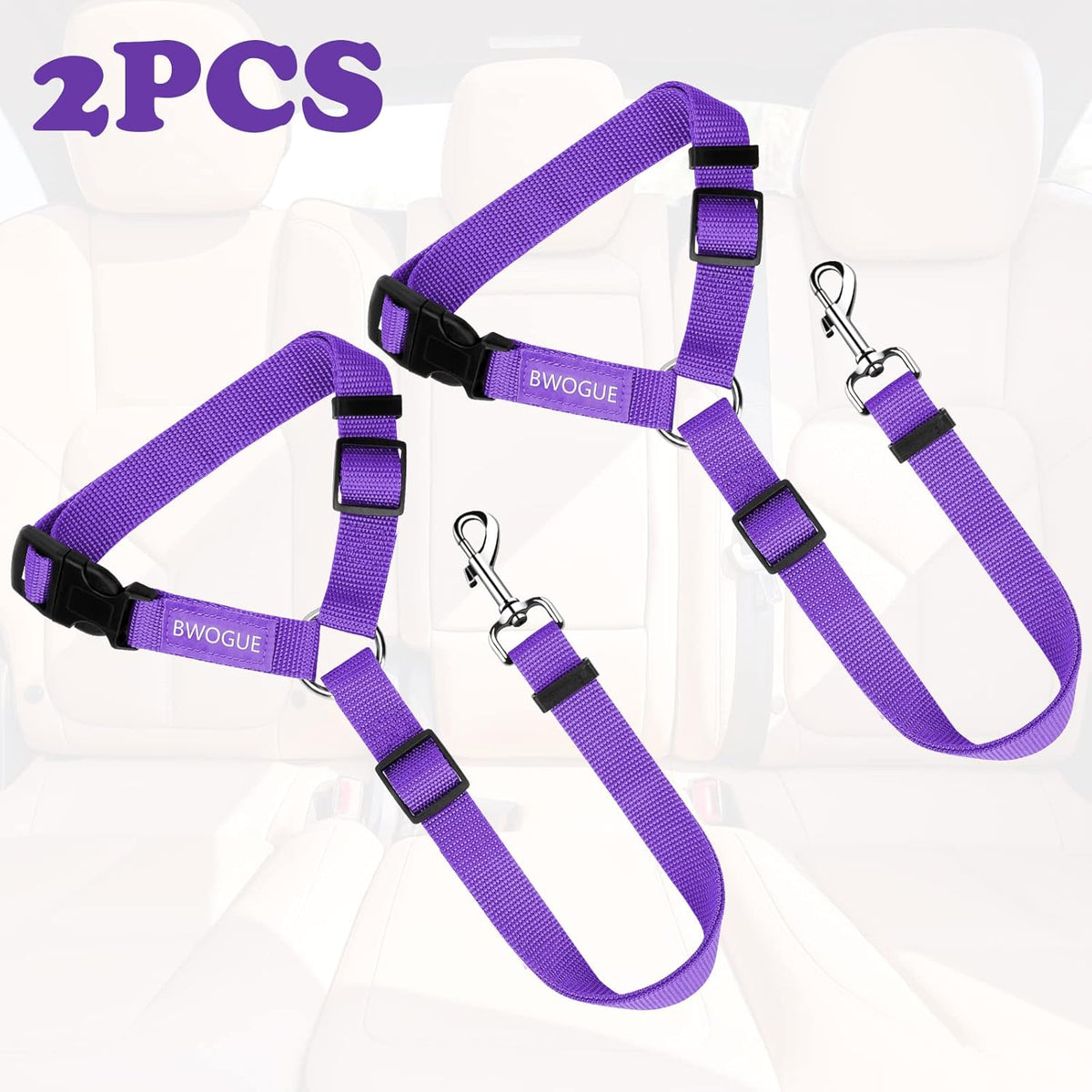 BWOGUE 2 Packs Dog Cat Safety Seat Belt Strap Car Headrest Restraint Adjustable Nylon Fabric Dog