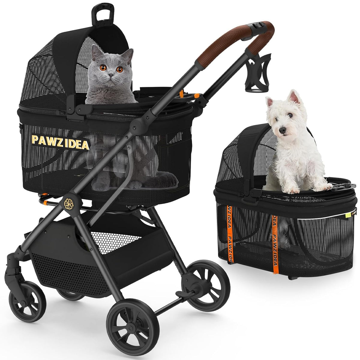 PAWZIDEA Dog Stroller 4 in 1, Pet Stroller for Cats with Detachable Carrier for Small/Medium
