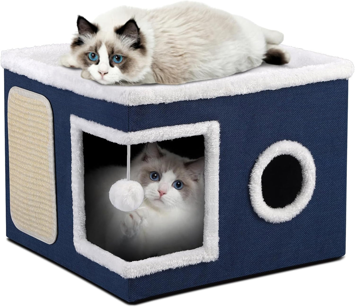 Cat House Bed for Indoor Cats, Large Cat Cave with Cozy Condo, Fluffy Hanging Ball, Scratch Pad
