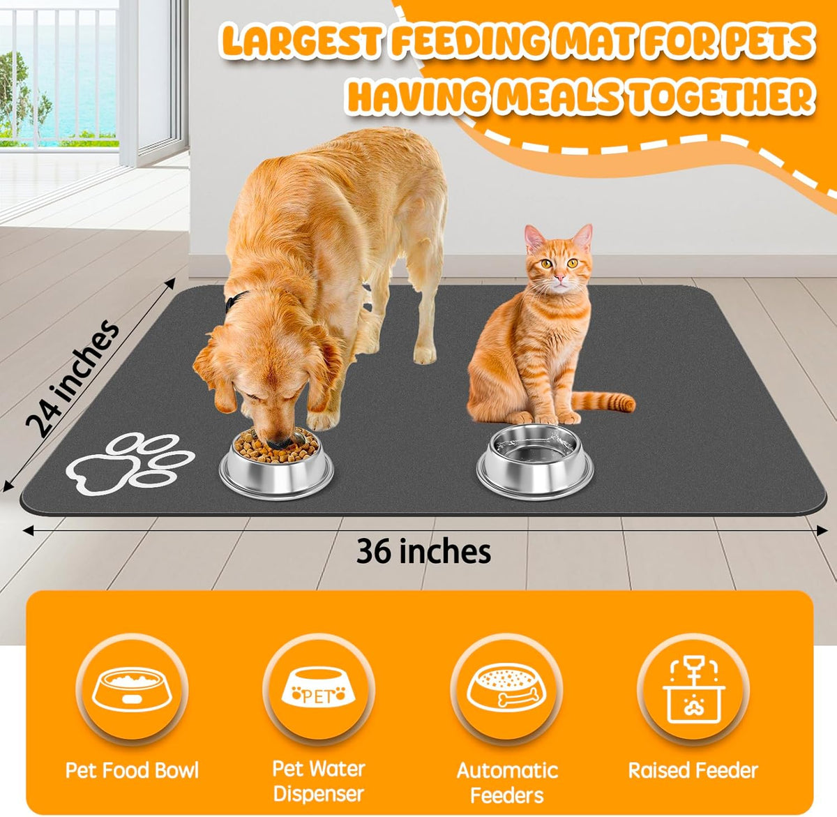Dog Food Mat, 36" x 24" Extra Large Absorbent Dog Mat for Food and Water, Non Skid Cat Bowl Mat, No