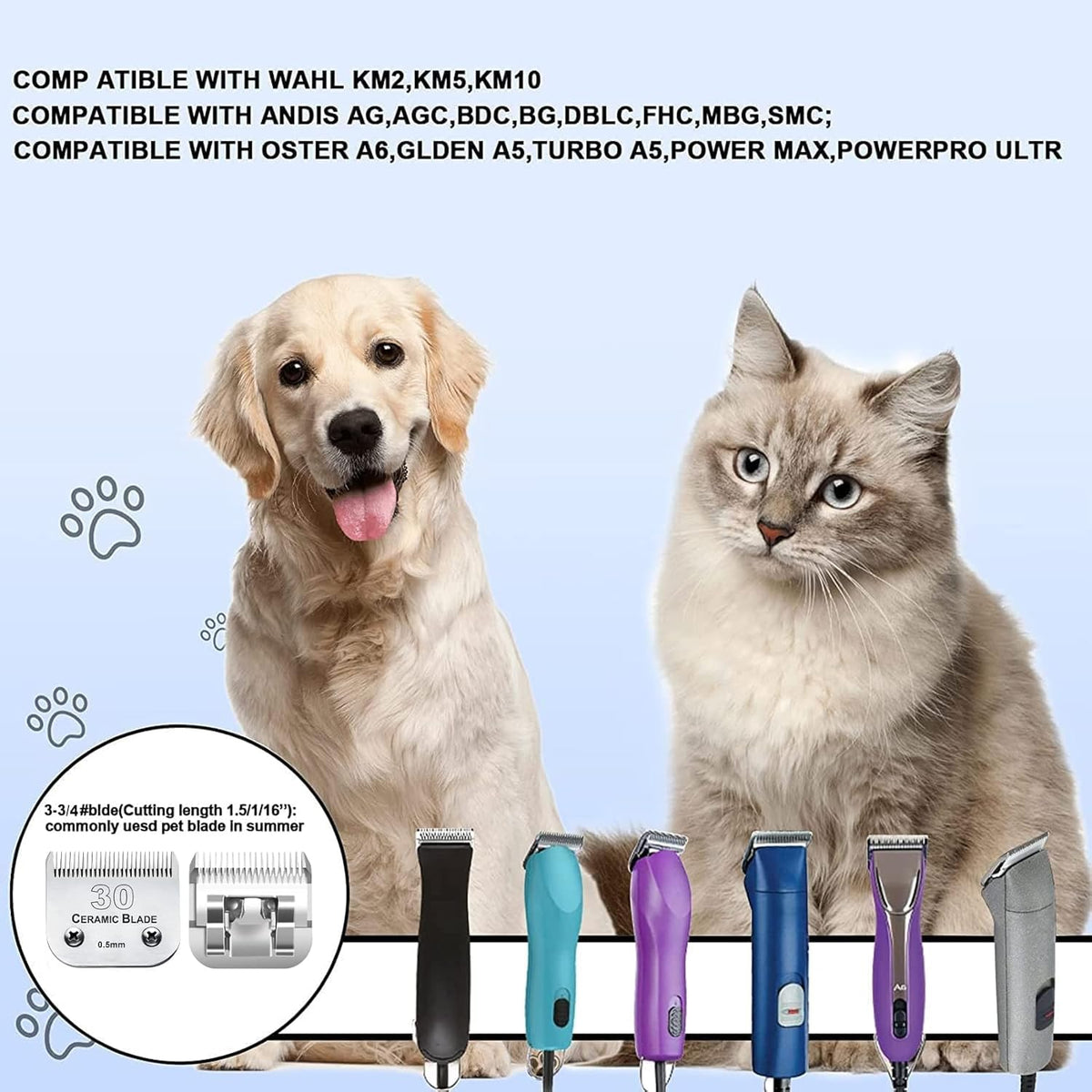 3PCS 30 Blades Dog Grooming Clipper Blades Compatible with Andis Pet Clipper/Oster A5/Wahl KM