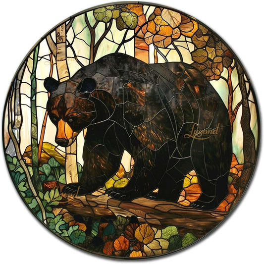 Lygond Metal Sign Tin Sign Circular Stained Glass American Black Bear Funny Outdoor Decor for Gift