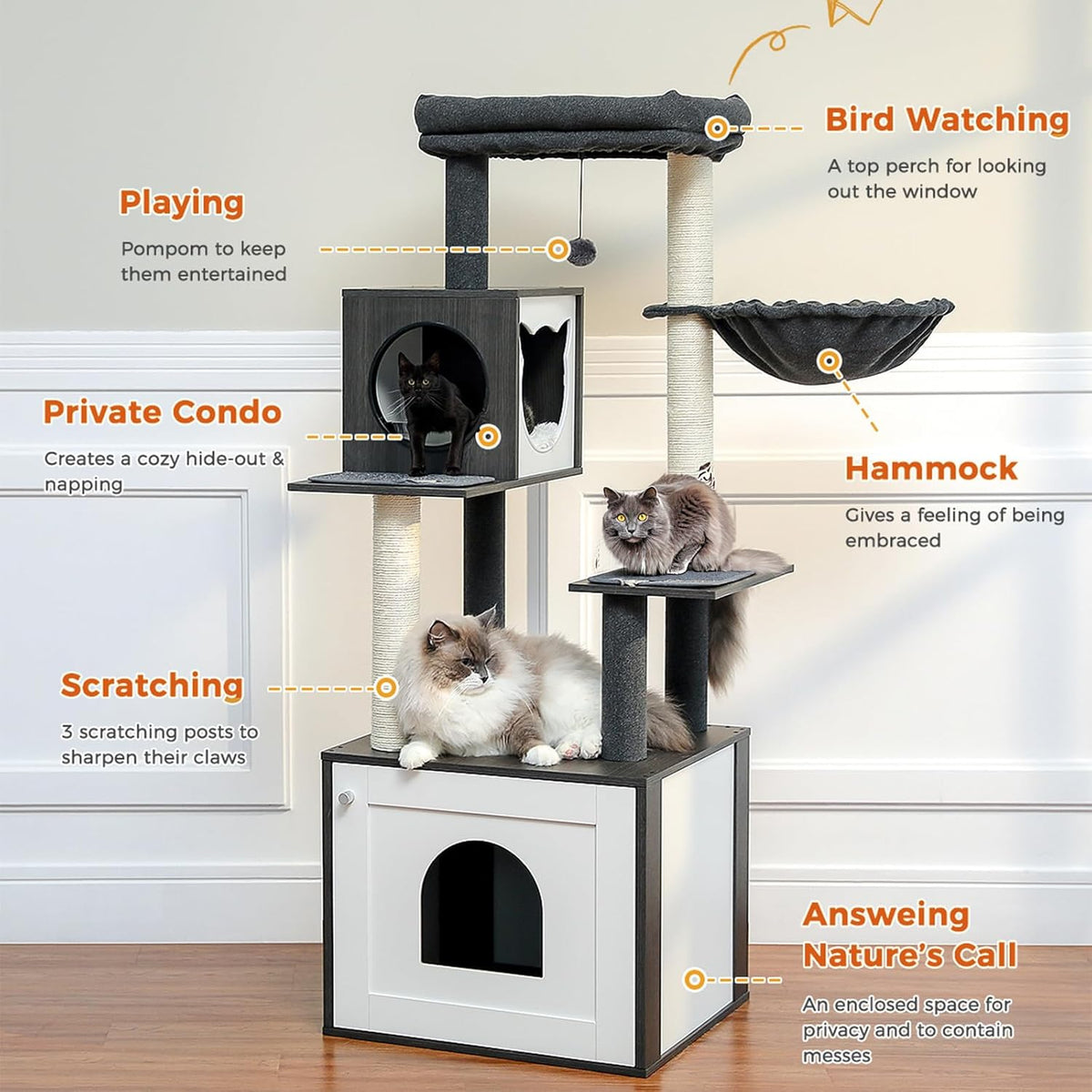 Tall Cat Tree with Litter Box Enclosure 56.7" Wooden Cat Tower for Large Cats with Cat Hammock