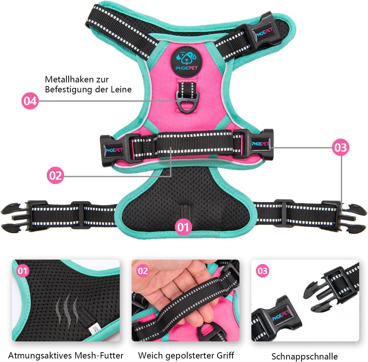 PHOEPET 2019 Upgraded No Pull Dog Harness, Reflective Adjustable Vest, with a Training Handle + 2