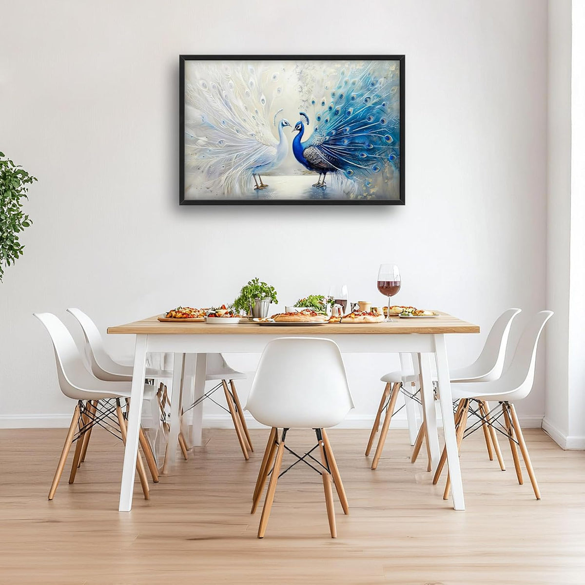 Quorin Peacock Large Wall Art Blue and White Pictures Elegant Animal Wall Decor Canvas Print