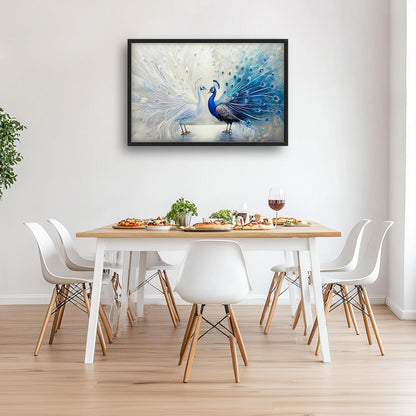 Quorin Peacock Large Wall Art Blue and White Pictures Elegant Animal Wall Decor Canvas Print