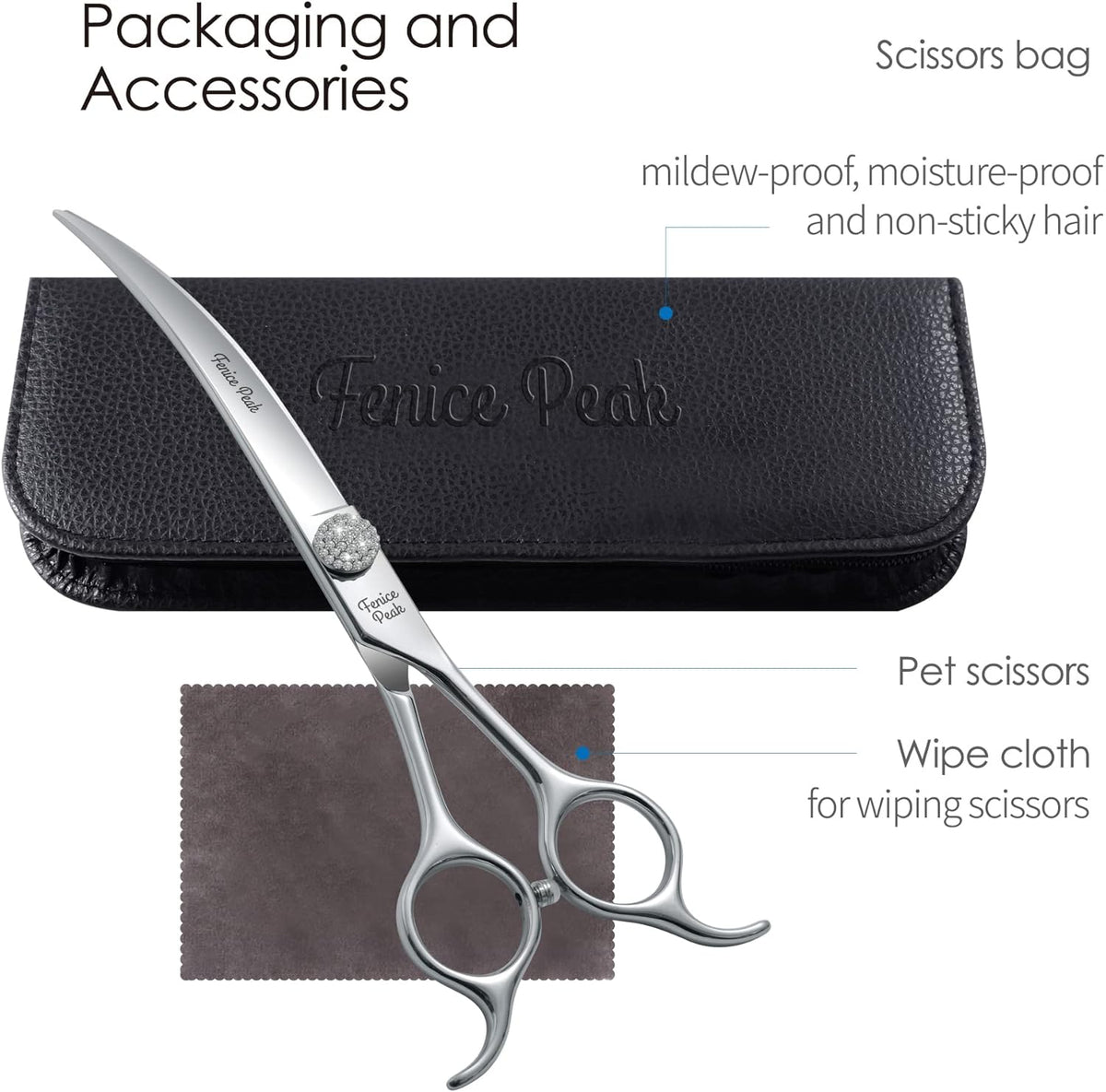 Fenice Peak 6.5‘’ Extra Curved Dog Grooming Scissors with Jewelled Screw 440C Stainless Steel Pet
