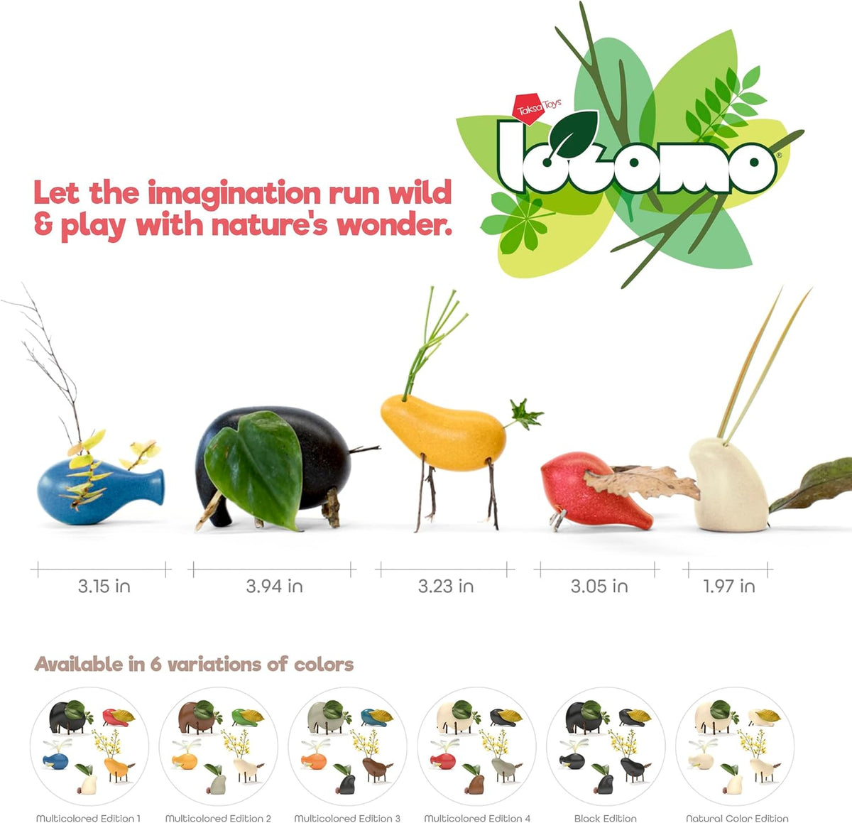 Taksa Toys Locomo Family Multicolored Edition IV (Set of 5) - Wooden Animal Figures Open-Ended