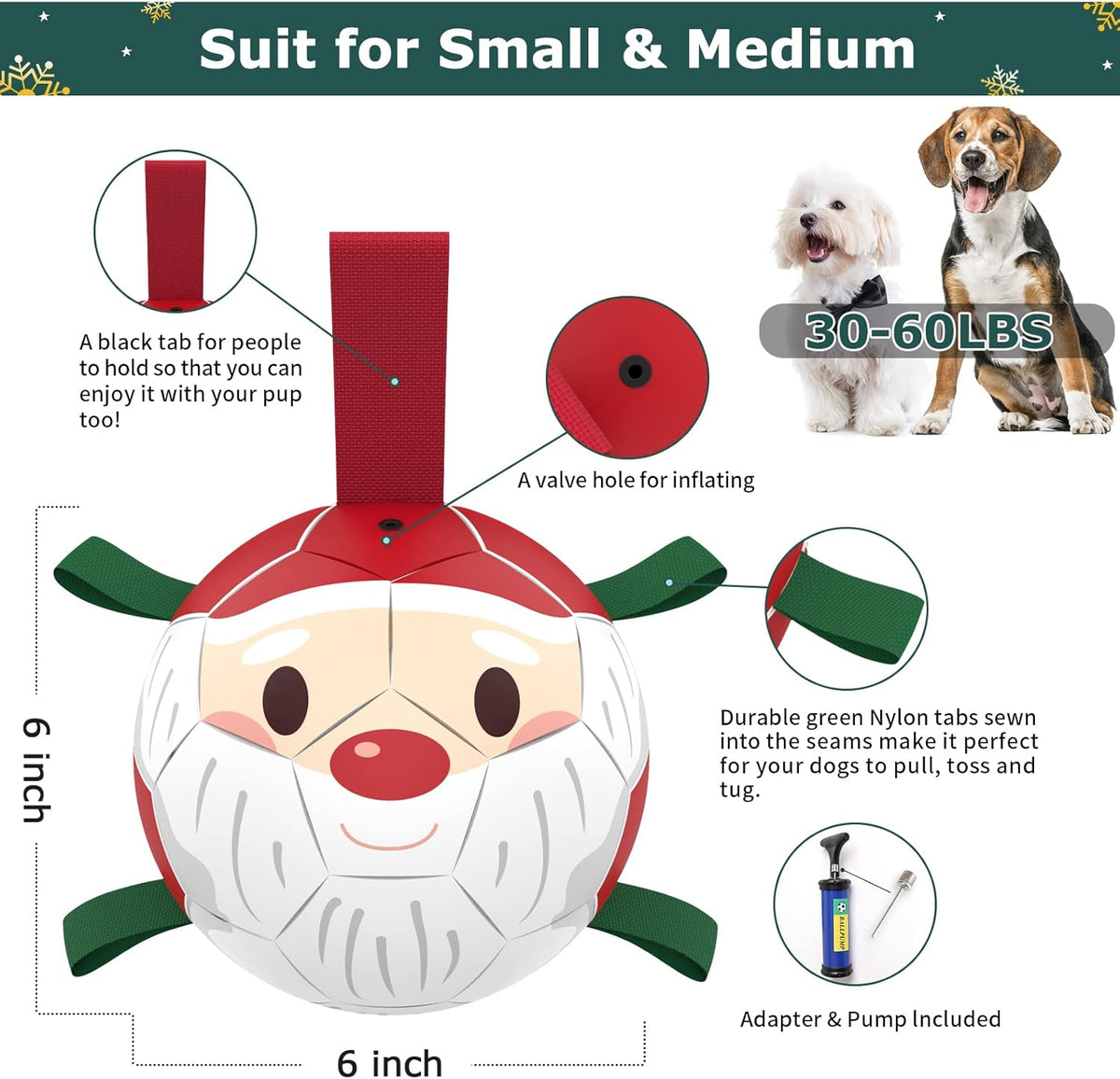 QDAN Christmas Dog Balls with Straps, Soccer Ball for Dogs for Small Medium Breed, Tug Toys for Dog