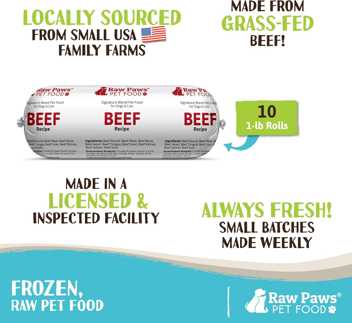 Raw Paws Signature Blend Pet Food for Dogs & Cats - Beef Recipe, 1-lb Rolls (10 Pack) - Fresh Pet