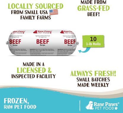 Raw Paws Signature Blend Pet Food for Dogs & Cats - Beef Recipe, 1-lb Rolls (10 Pack) - Fresh Pet