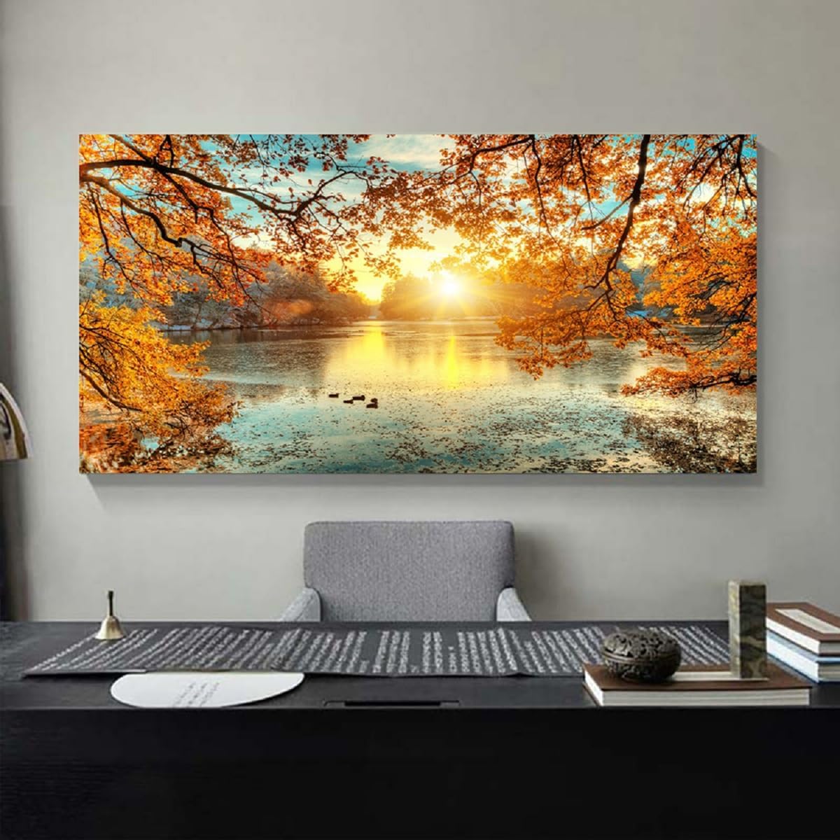 Yxbhhym-Landscape Tree Canvas Wall Art Fall Forest Sunset Wall Decor Poster Lake Water Pictures for