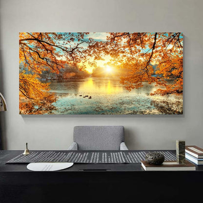 Yxbhhym-Landscape Tree Canvas Wall Art Fall Forest Sunset Wall Decor Poster Lake Water Pictures for