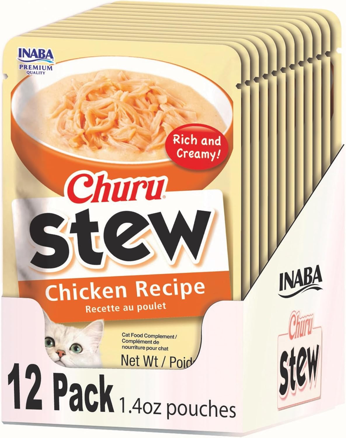 INABA Churu Stew for Cats, Creamy Broth Gelée with Shredded Chicken Topper/Treat Pouch with Vitamin