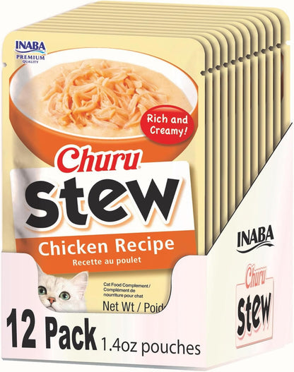 INABA Churu Stew for Cats, Creamy Broth Gelée with Shredded Chicken Topper/Treat Pouch with Vitamin