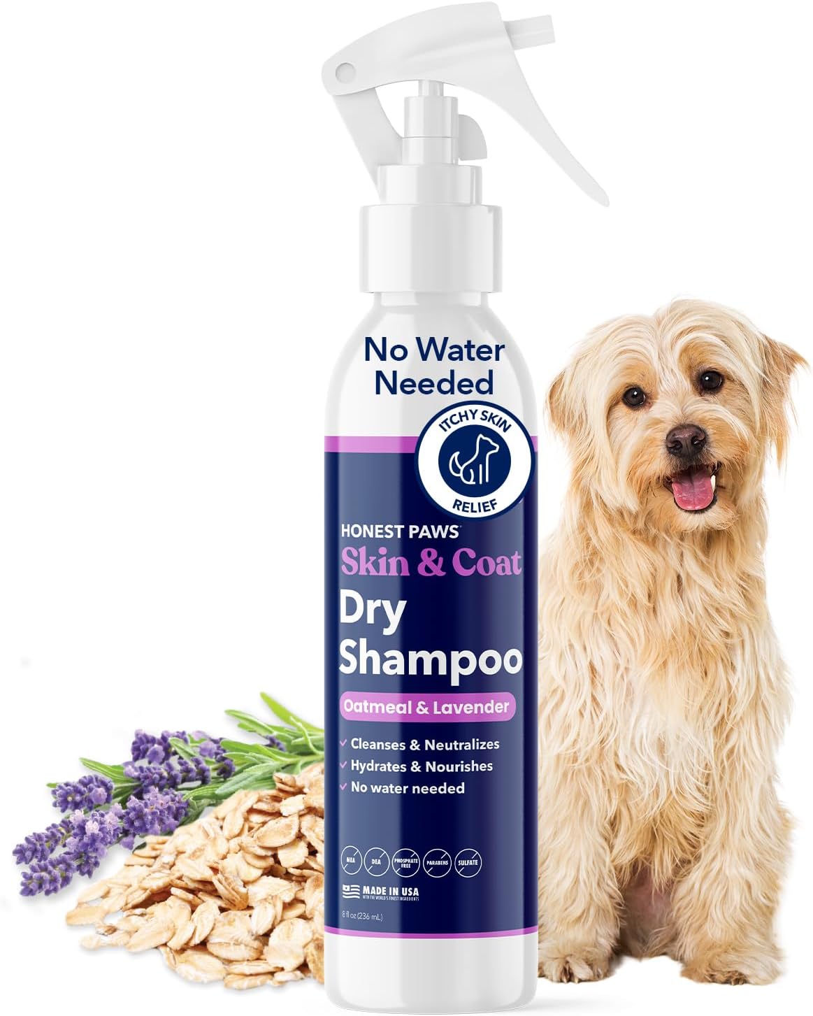 Honest Paws Dog Dry Shampoo - Waterless No Rinse Foaming Formula Reducing Itch Cleanse Hydrate