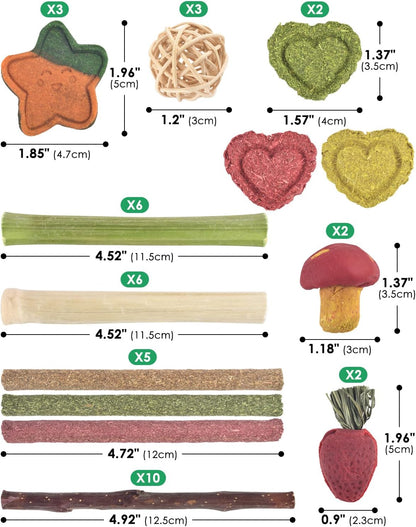 ERKOON 53 Bunny Chew Toys for Rabbits Teeth, Natural Rabbit Toys Apple Wood Sticks, Carrot, Timothy