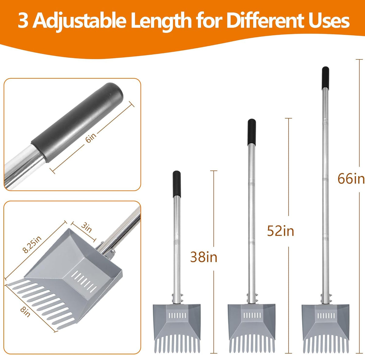 Heavy Duty Pooper Scooper 66in Spring Steel Scoop Long Stainless Steel Handle Dog Pooper Scooper
