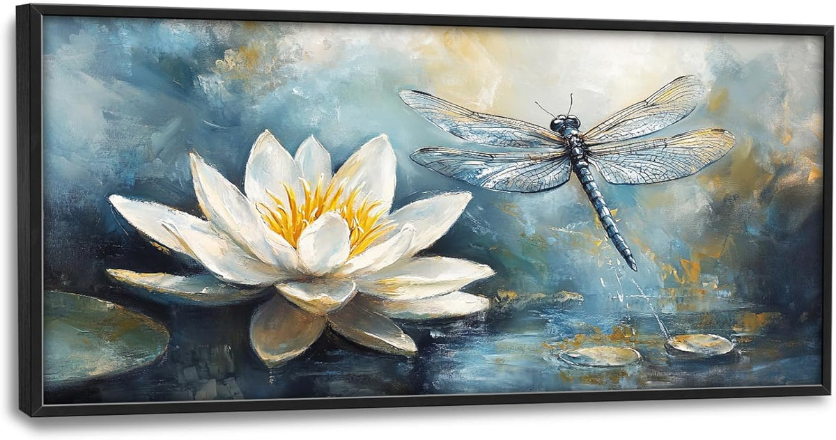 Extra Large Lotus Dragonfly Framed Wall Art for Living Room,Abstract Blue Lotus Flower Lake