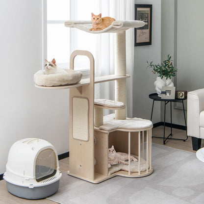 Tangkula Wood Cat Tree for Indoor Cats, 55 Inch Multi-Level Cat Tower Activity Center with Hammock