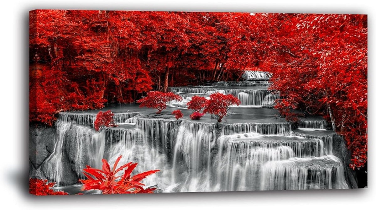 Yxbhhym Black White and Red Waterfall Canvas Wall Art- Red Tree Prints Landscape Posters Framed