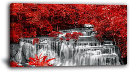 Yxbhhym Black White and Red Waterfall Canvas Wall Art- Red Tree Prints Landscape Posters Framed
