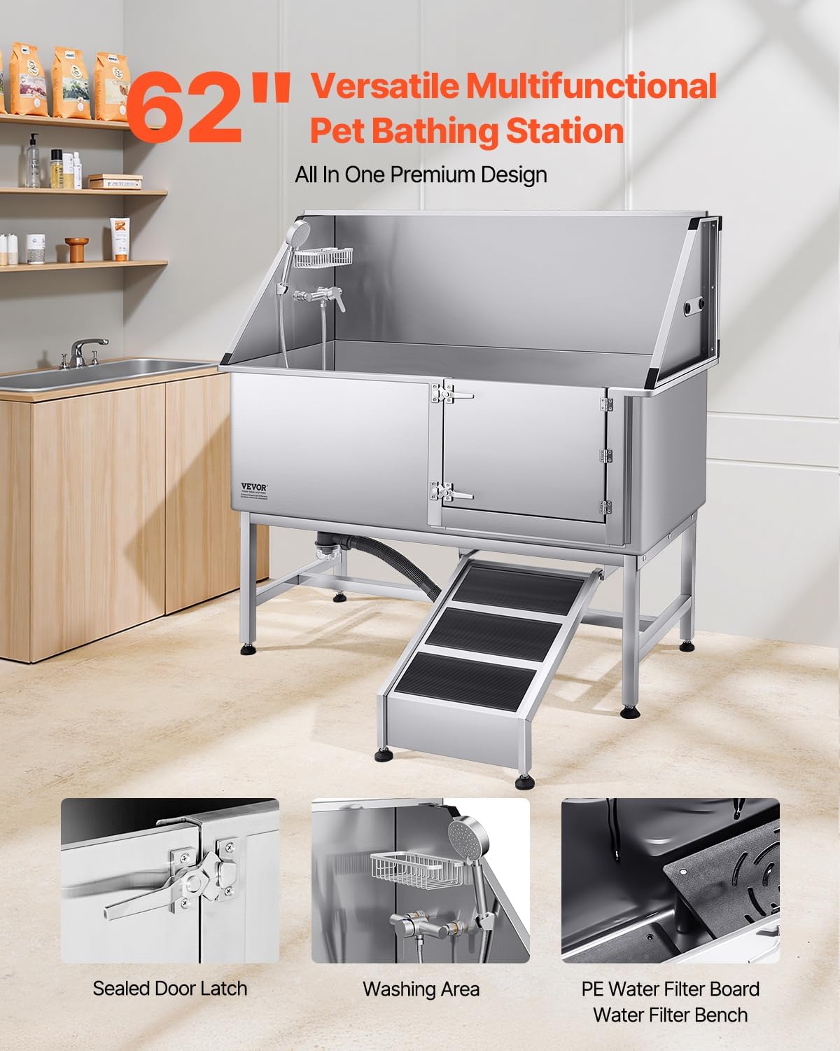 VEVOR Stainless Steel Dog Washing Station, Professional 62 inch Pet Grooming Tub w/Ramp, PE Water