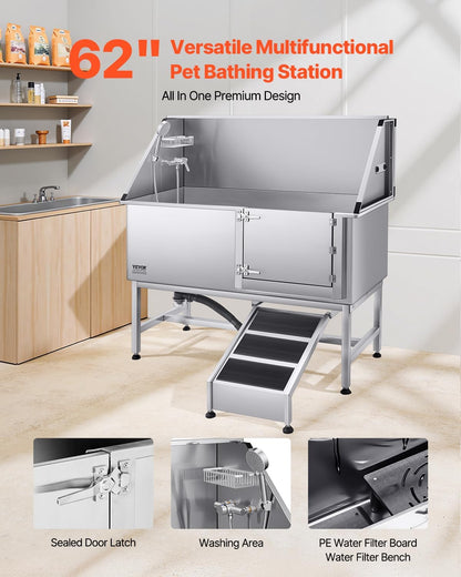 VEVOR Stainless Steel Dog Washing Station, Professional 62 inch Pet Grooming Tub w/Ramp, PE Water