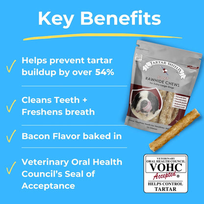 Tartar Shield Soft Rawhide Chews | Safe Dental Treats for Large Dogs | Vet VOHC Approved | Daily
