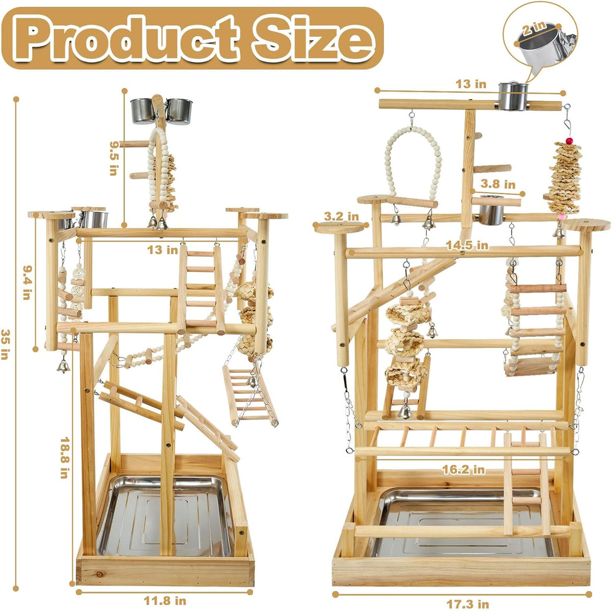 Bird Playground - Natural Wood Parrot Playstand with Perches, Bird Play Gym & Accessories