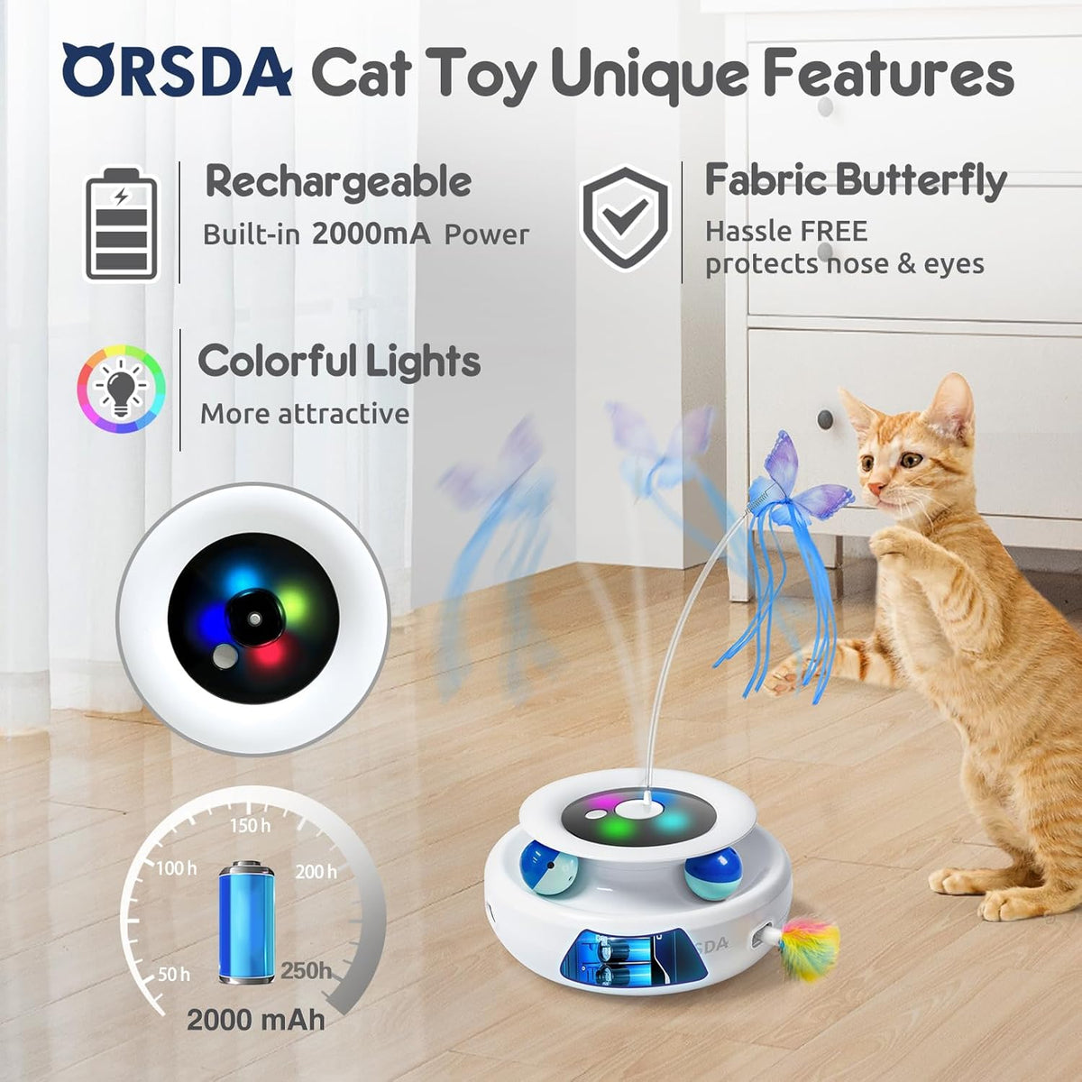 ORSDA Cat Toy, 3-in-1 Automatic Interactive Electronic Moving Ambush Feather, Fluttering Butterfly